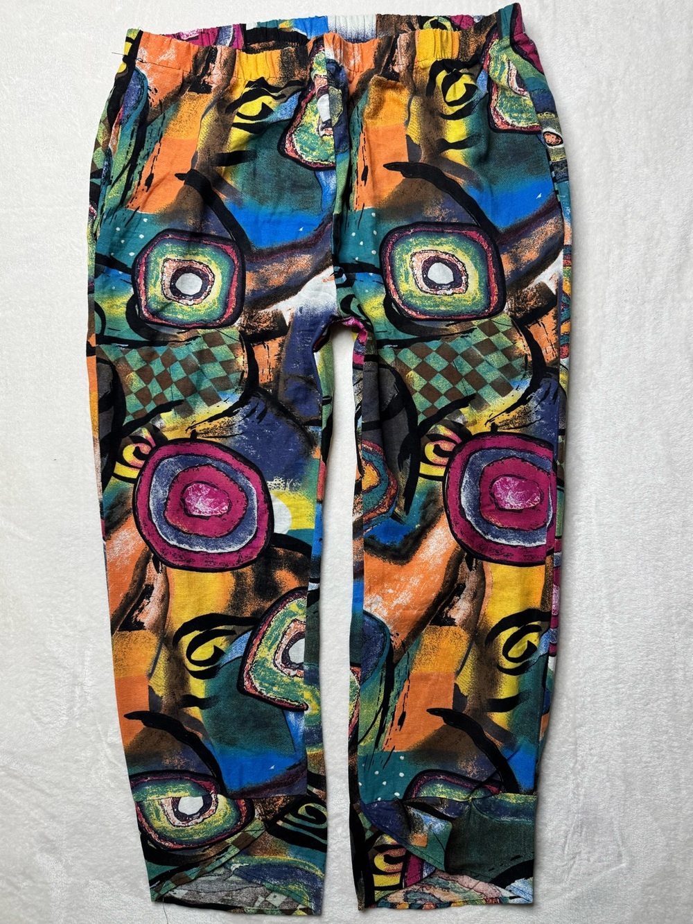 Abstract Art Print Pants Multicolor Retro 80s 90s Elastic Waist Trousers XL
